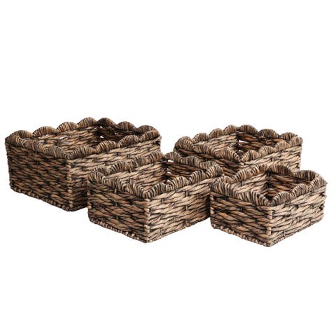 Coral Handwoven Water Hyancinth Scalloped Edge Nesting Storage Baskets (Set of 4)