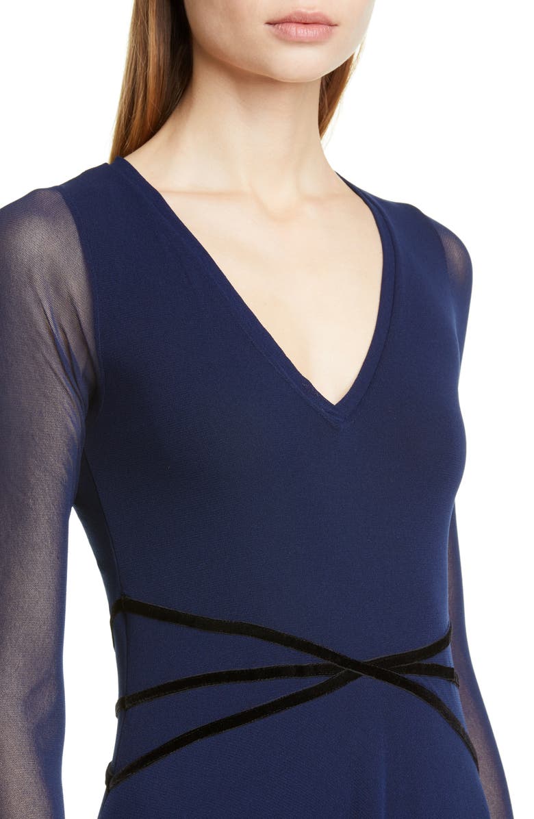 Fuzzi Velvet Detail Long Sleeve Asymmetrical Maxi Dress, Alternate, color, 