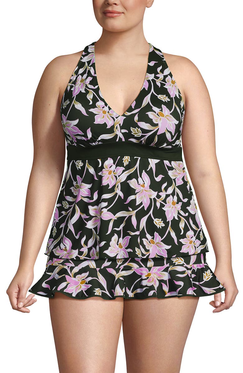 Lands' End D-Cup V-Neck Racerback Flutter Tankini, Main, color, Tropic Floral/Rich Olive