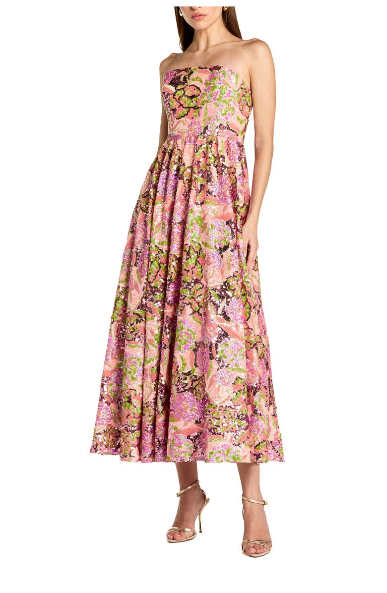 Mac Duggal Floral Sequin Strapless A Line Midi Dress, Main, color, Orchid Multi