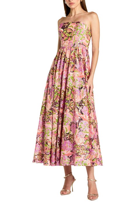 Floral Sequin Strapless A Line Midi Dress