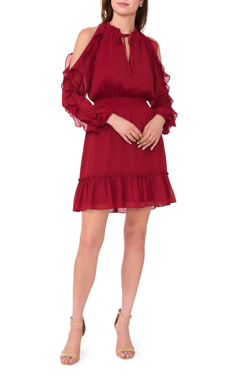 Halogen<sup>®</sup> Ruffle Cold Shoulder Long Sleeve Chiffon Dress, Main, color, 
