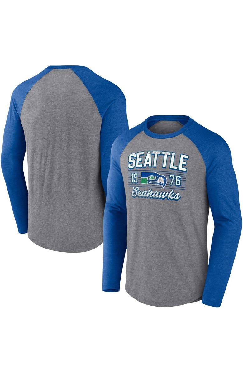 FANATICS Men's Fanatics Branded Heathered Gray/Heathered Royal Seattle Seahawks Weekend Casual Raglan Long Sleeve T-Shirt, Alternate, color, 
