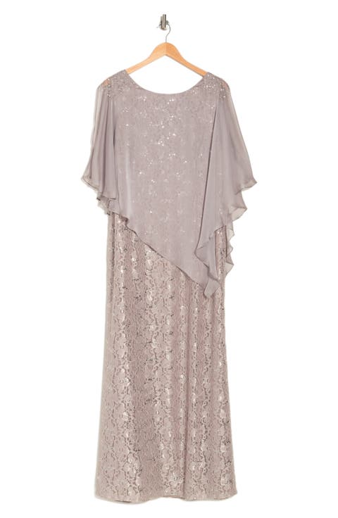 Sequin Floral Lace Dress with Capelet