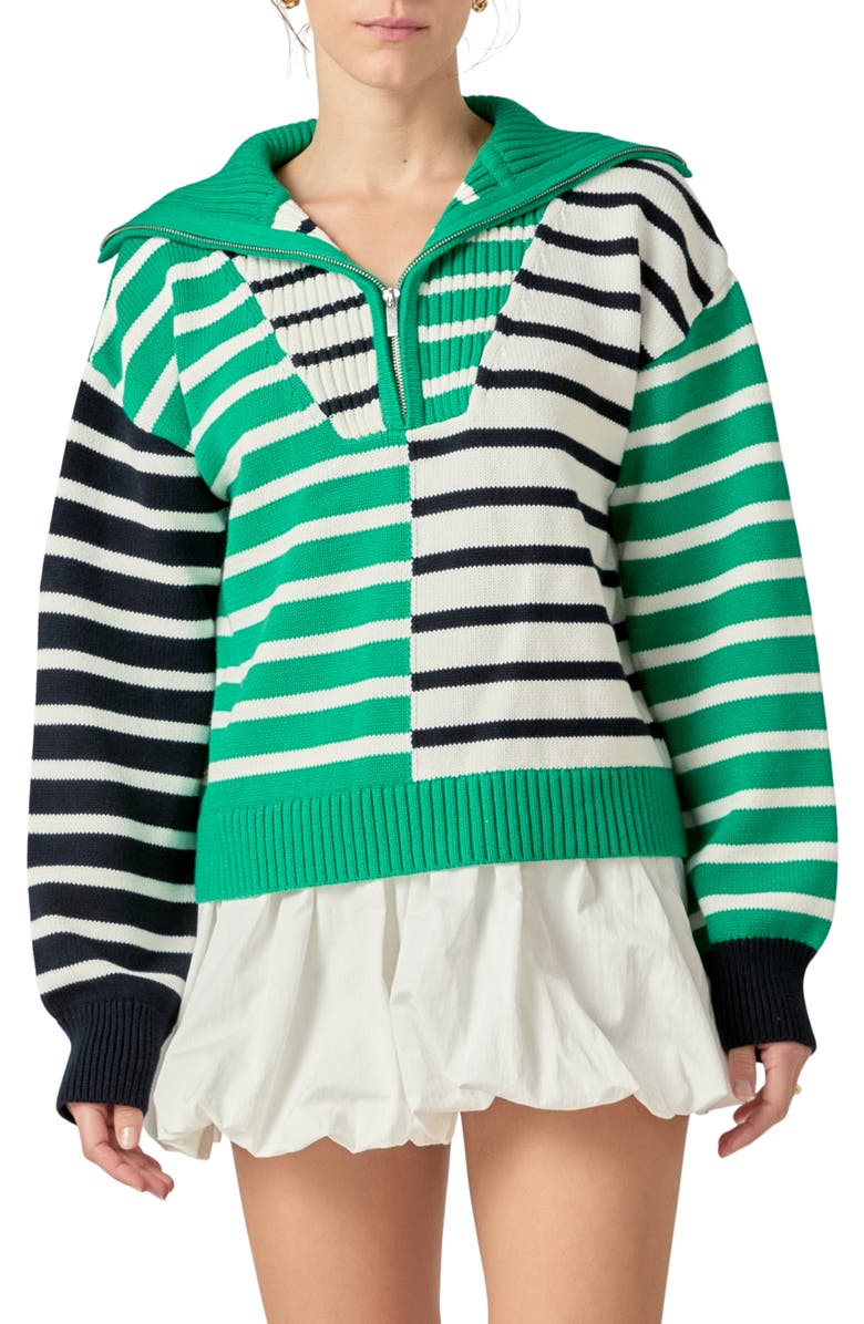 English Factory Stripe Half Zip Pullover, Main, color, Green/ Navy
