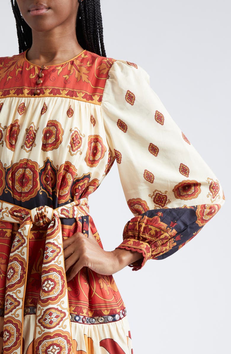 FARM Rio Ainika Tiles Tie Waist Long Sleeve Midi Dress, Alternate, color, Ainika Tiles Cream