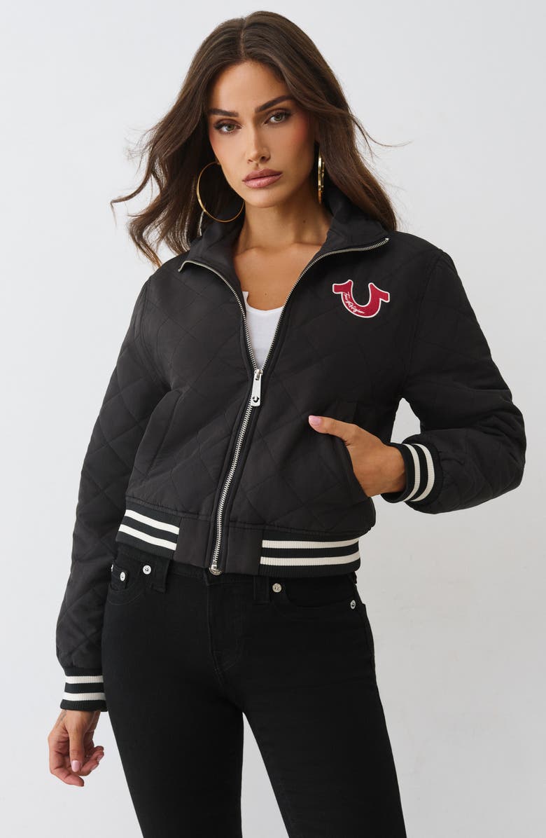 True Religion Quilted Logo Zip Jacket, Alternate, color, Jet Black