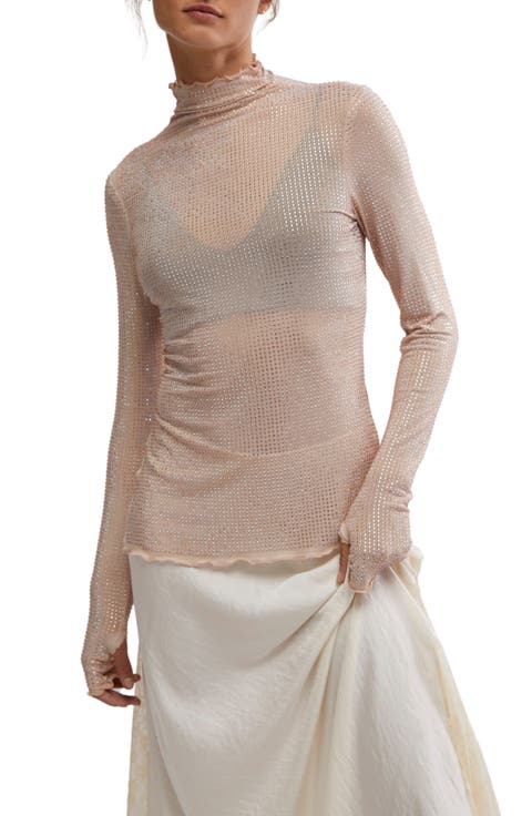 Dance All Night Crystal Embellished Sheer Long Sleeve Top