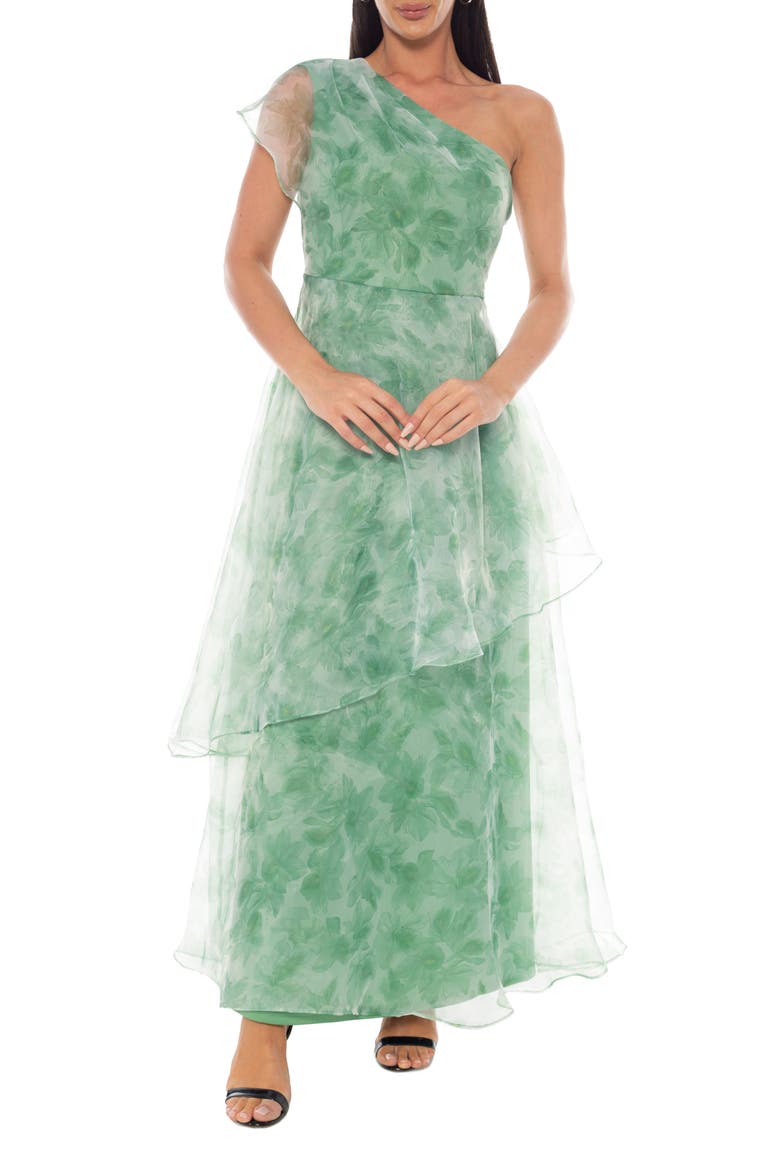 One Shoulder Floral Organza Gown, Main, color, GREEN MULTI