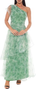 Oleg Cassini One Shoulder Floral Organza Gown