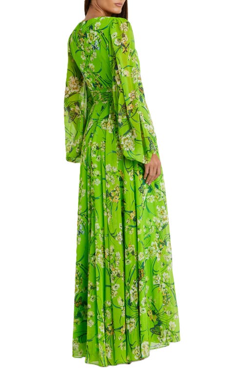 Mac Duggal Puff Sleeve Floral Chiffon Gown In Green Multi