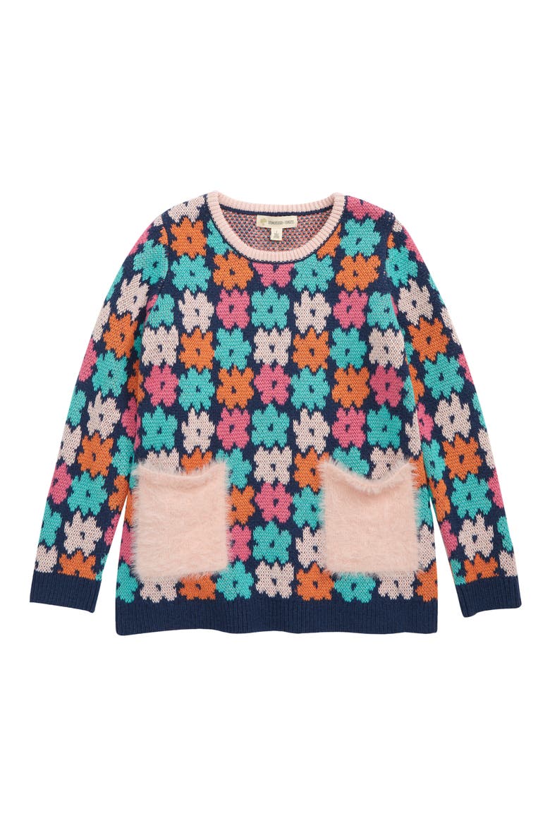 Kids' Fun Times Jacquard Pocket Tunic Sweater, Main, color, NAVY DENIM GROOVY FLORAL