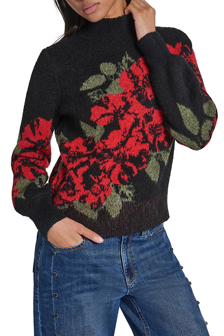 Rose Mock Neck Sweater, Main, color, BLACK/ ADMIRAL RED/ CYP GREEN