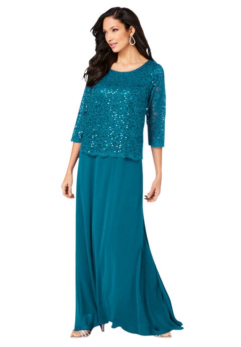 Plus Size Sequin Lace Three Quarter Sleeve A-Line Gown (Plus)