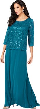 Roaman's Plus Size Sequin Lace Three Quarter Sleeve A-Line Gown