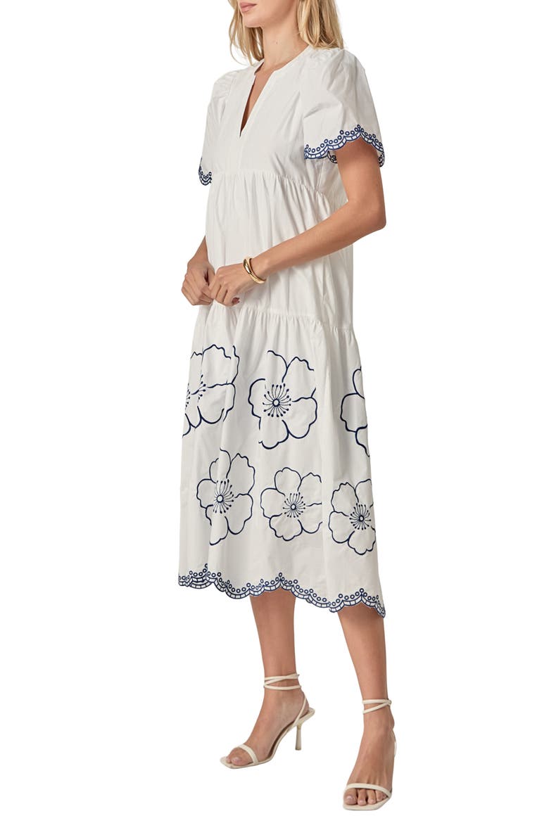 Embroidered Puff Sleeve Cotton Sundress, Alternate, color, IVORY/ NAVY