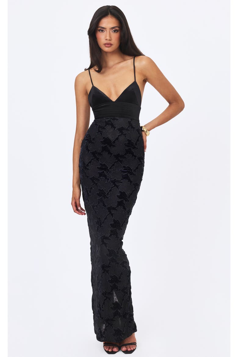 Quinsley Velvet Crystal Lace Maxi Dress, Main, color, Black