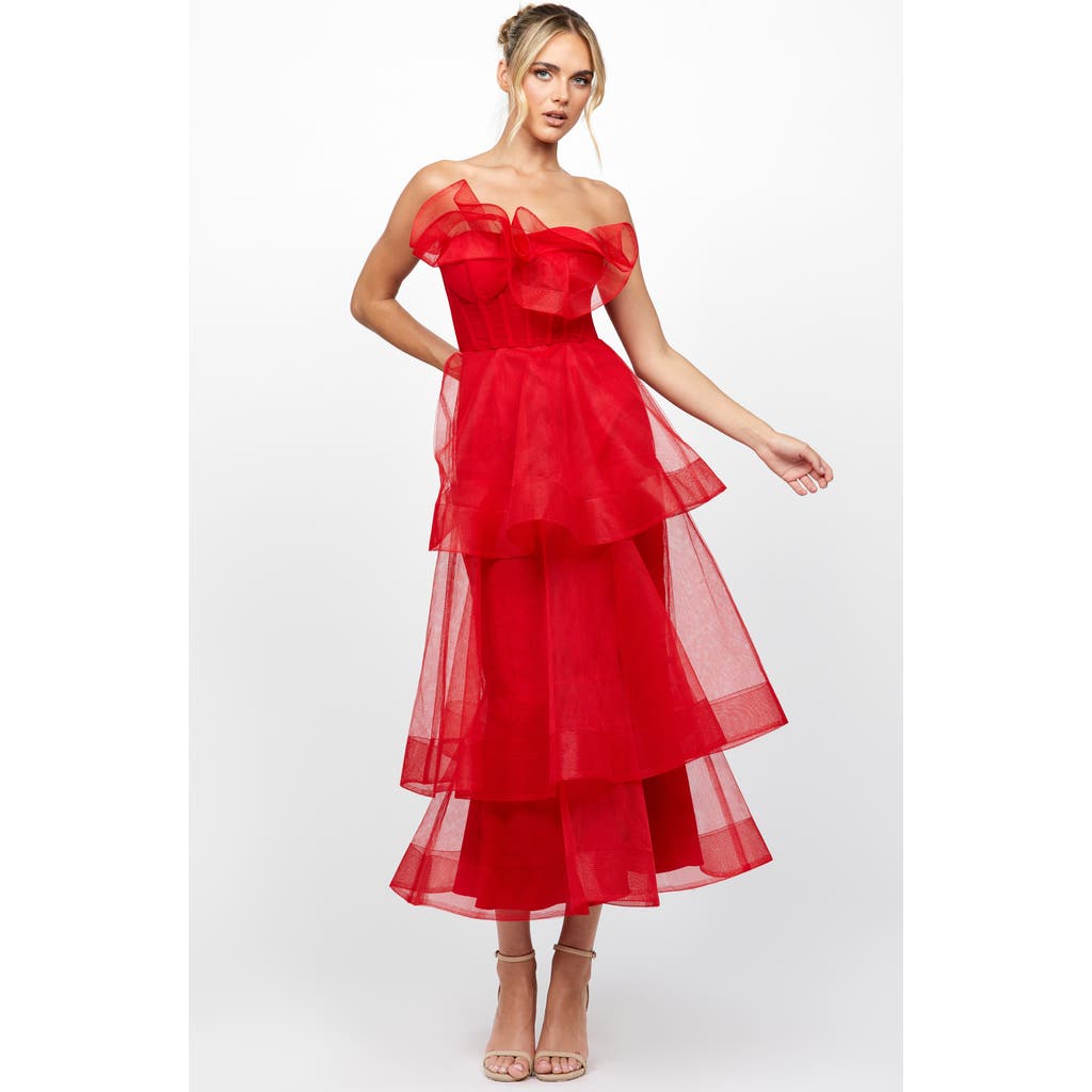 Bariano Mae Tiered Ruffle Midi In Red