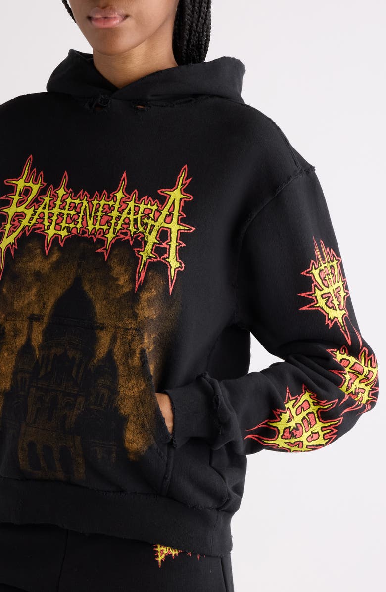 Balenciaga Medium Fit Distressed Sacré Couer Graphic Hoodie, Alternate, color, 1000 Black