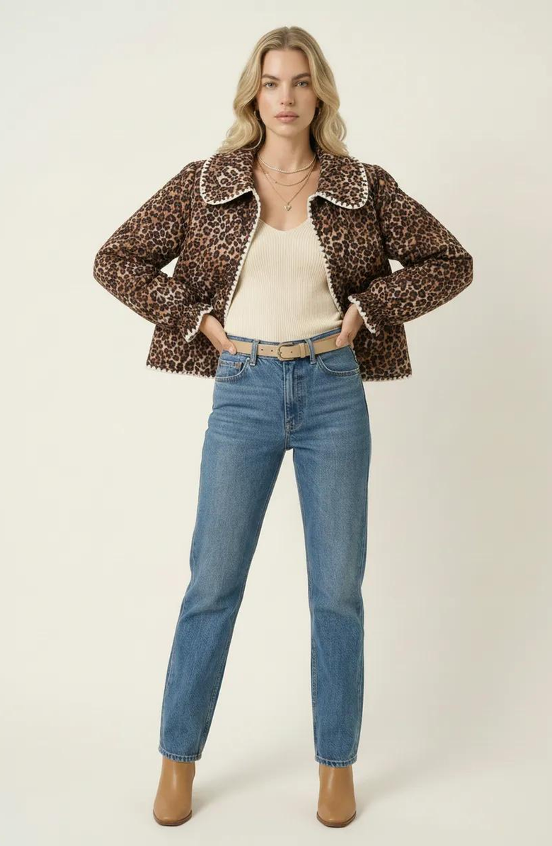 Modenaire Leopard Print Button-Front Contrast Trim and Collar Jacket, Alternate, color, Leopard Print