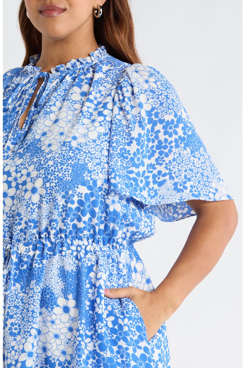 Floral Print Flutter Sleeve Dress, Alternate, color, WHITE BLUE