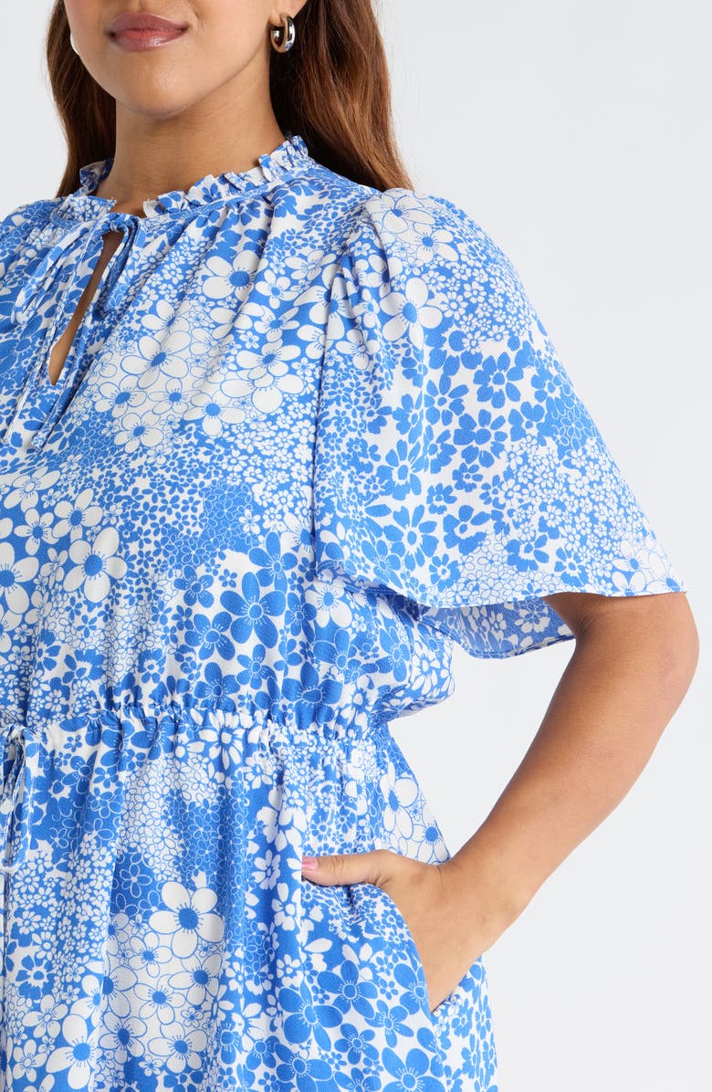 SUGARLIPS Floral Print Flutter Sleeve Dress, Alternate, color, White Blue