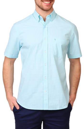 Tailorbyrd Micro Gingham Short Sleeve Button-up Shirt In Seafoam