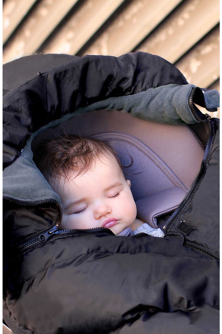 Water Repellent Faux Fur Trim Car Seat Cocoon, Alternate, color, BLACK FAUX FUR
