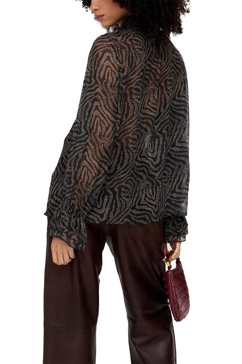 Zendaya Ruffle Detail Zebra Print Shirt, Alternate, color, Black