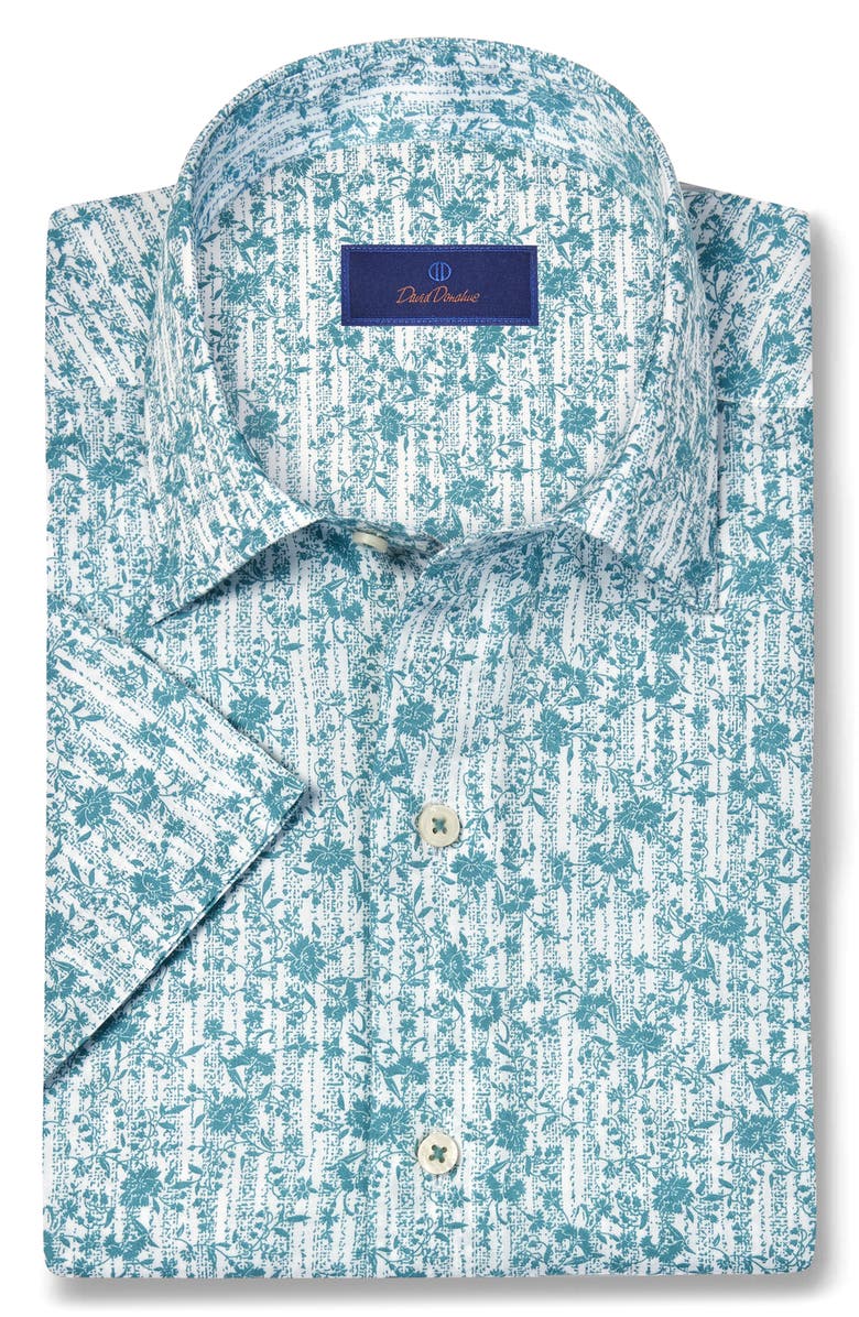 David Donahue Floral Print Lyocell Short Sleeve Shirt, Main, color, White/ Seafoam