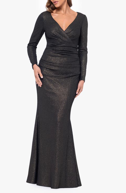 Long Sleeve Metallic Ruched Gown