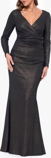 Long Sleeve Metallic Ruched Gown