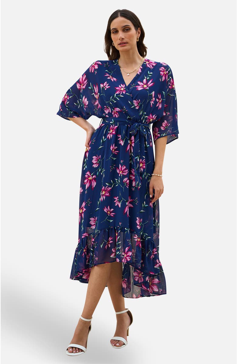 Yumi Floral Kimono Wrap Dipped Hem Midi Dress, Main, color, Navy