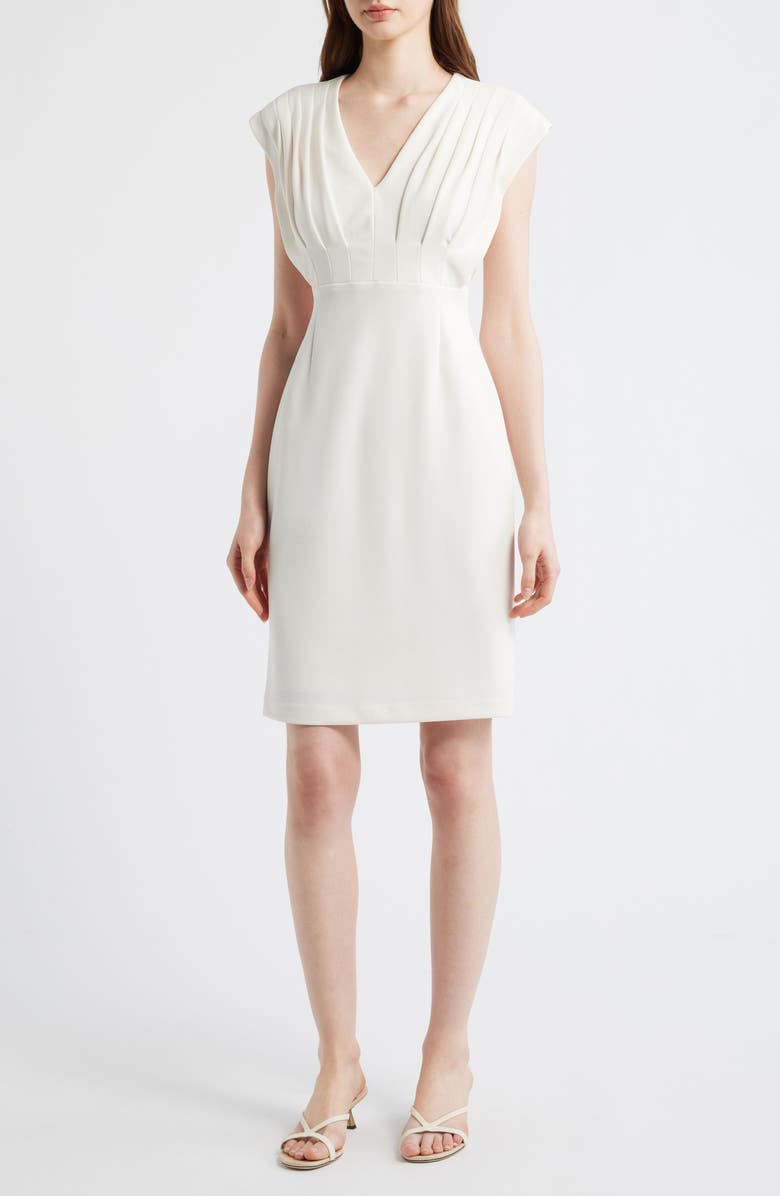 AK ANNE KLEIN Pleated Bodice Sheath Dress, Main, color, White Dove