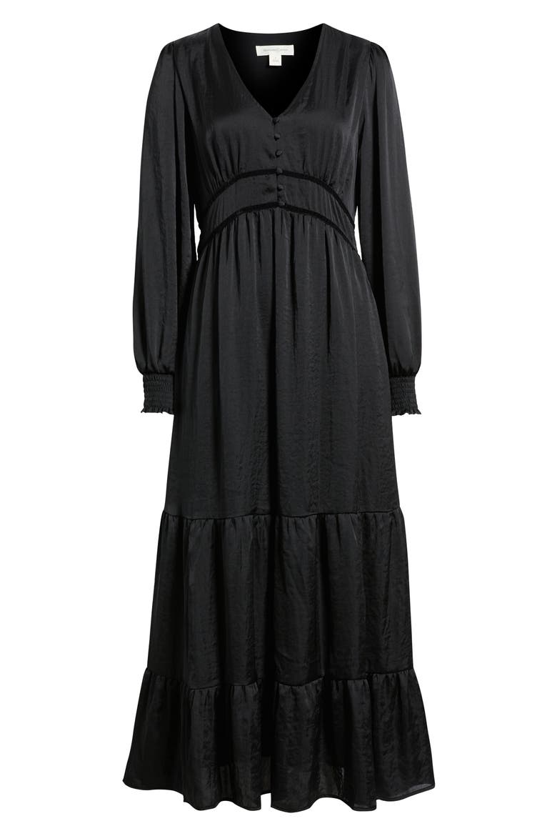 Smocked Cuff Long Sleeve Satin Maxi Dress, Alternate, color, BLACK
