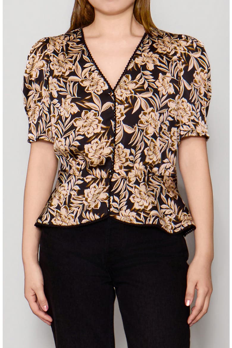Satin Lace Trim Top, Main, color, NAVY/ BROWN