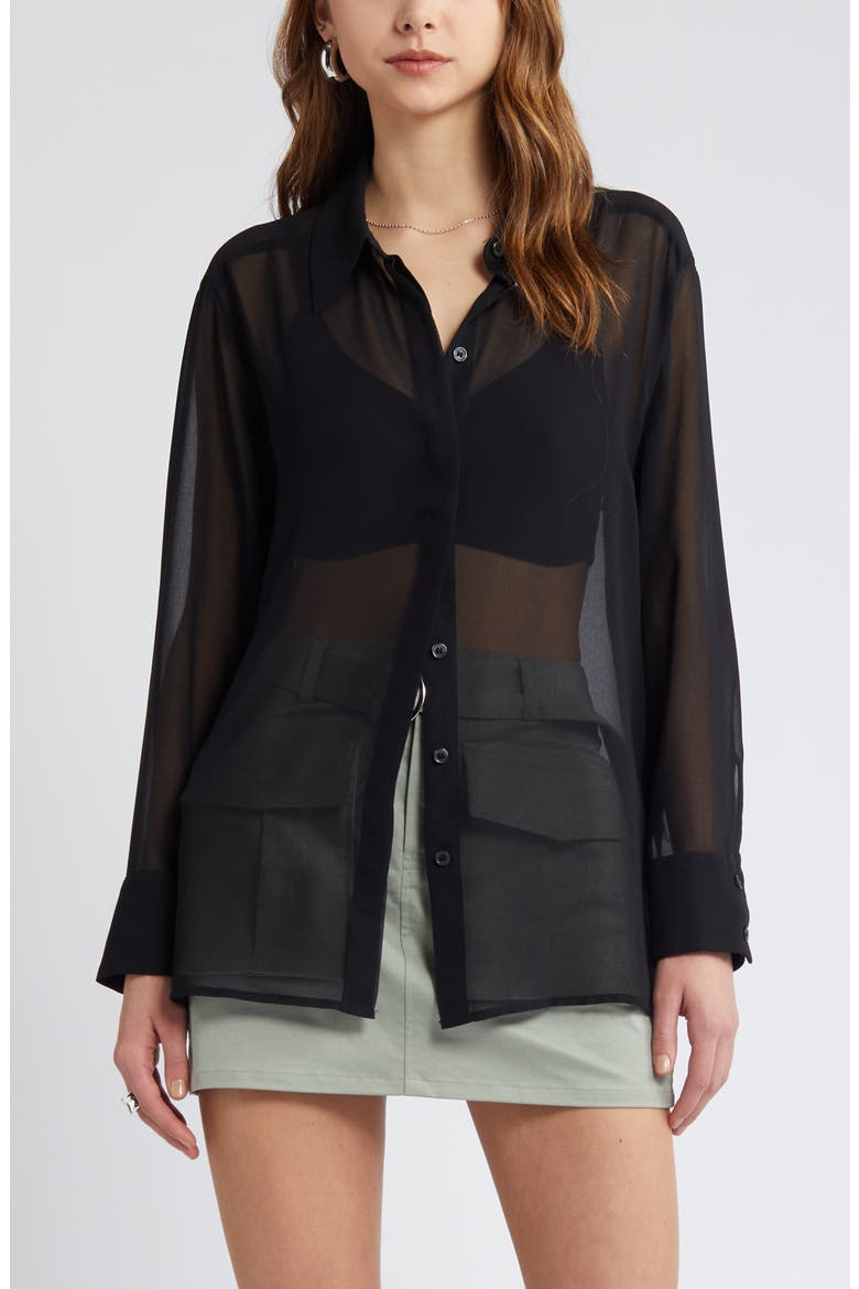 Oversize Semisheer Button-Up Shirt, Alternate, color, BLACK