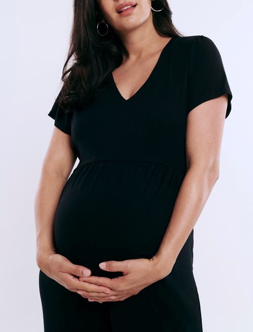 MOTHERHOOD MATERNITY MOTHERHOOD MATERNITY SHORT SLEEVE V-NECK FLARE LEG JUMPSUIT