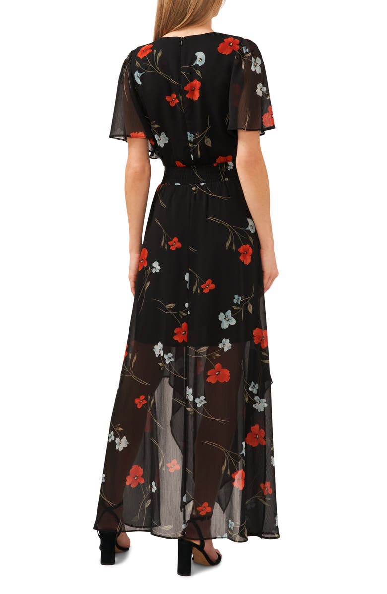 CeCe Floral Print Smocked Waist Flutter Sleeve Maxi Dress, Alternate, color, 