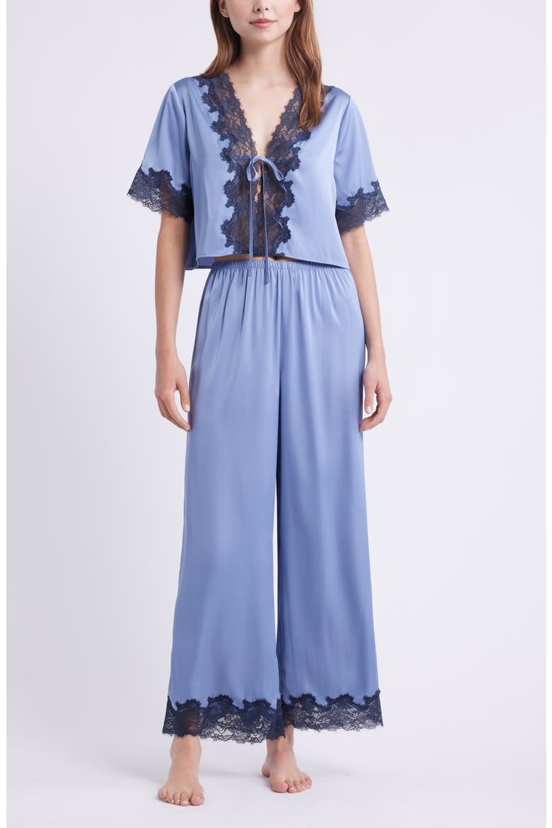 Lace Trim Stretch Satin Crop Pajamas, Main, color, BLUE TEMPEST