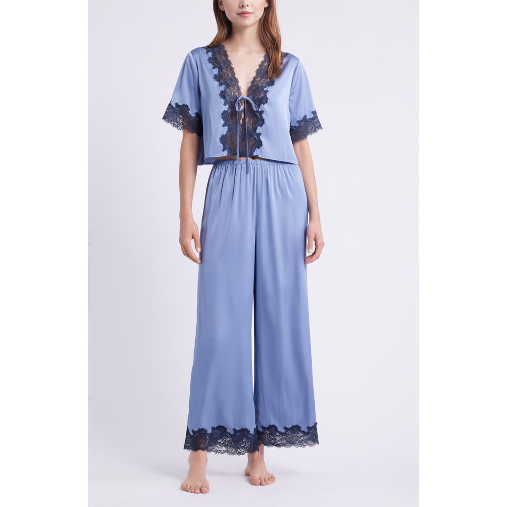 Open Edit Lace Trim Stretch Satin Crop Pajamas In Blue