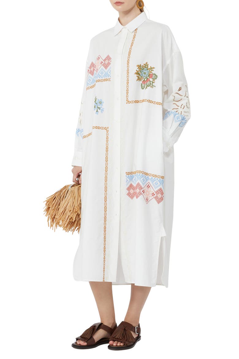 Embroidered Detail Long Sleeve Cotton Shirtdress, Alternate, color, WHITE