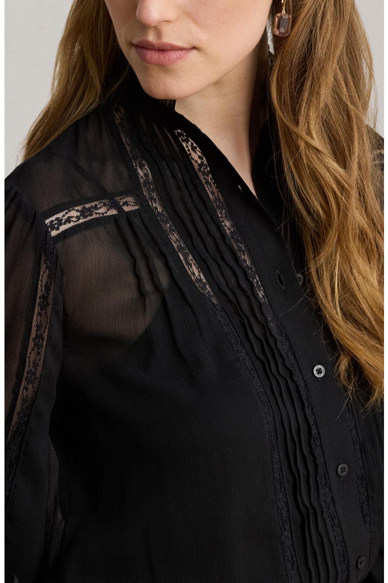Lace Detail Georgette Button-Up Shirt, Alternate, color, BLACK