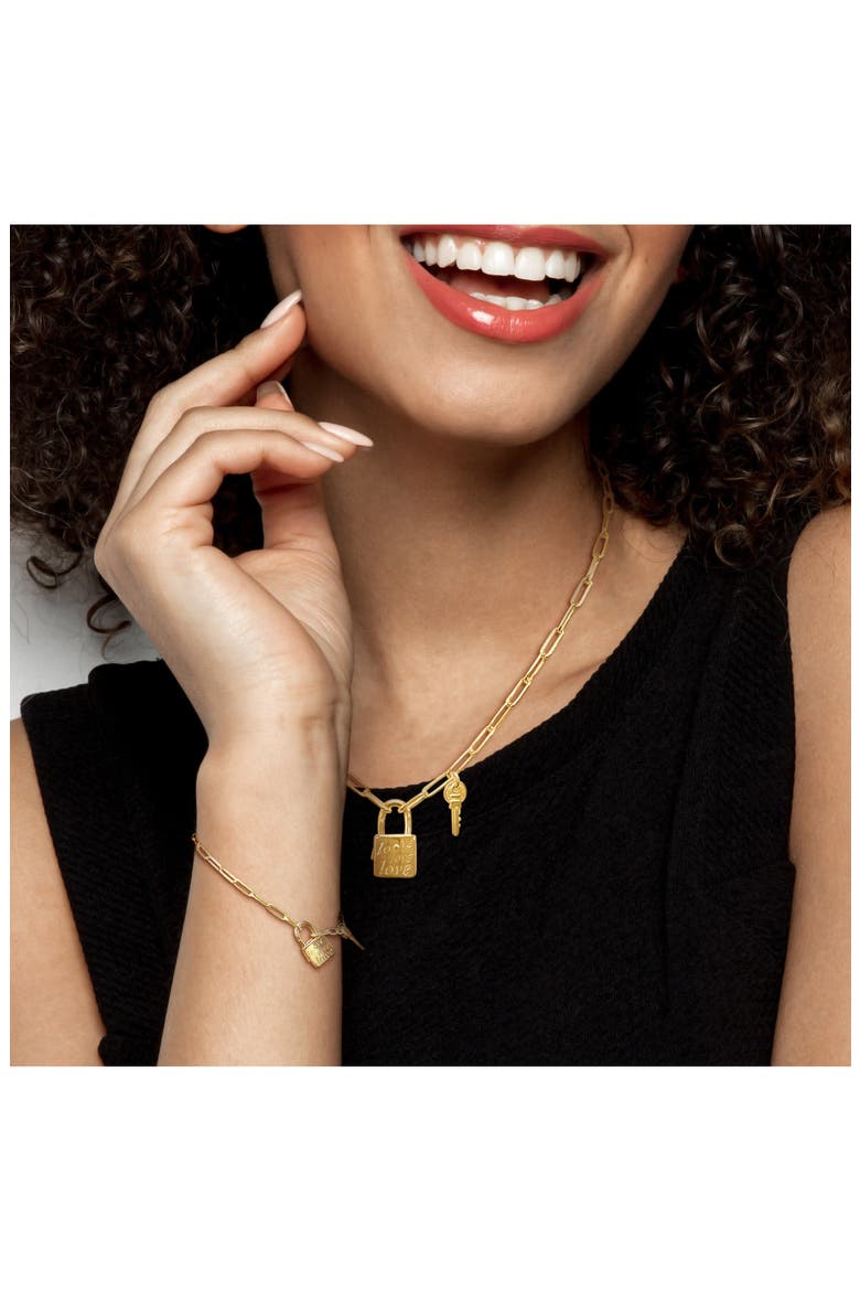 Lock & Key Charm Paperclip Chain Necklace & Bracelet Set, Alternate, color, YELLOW GOLD