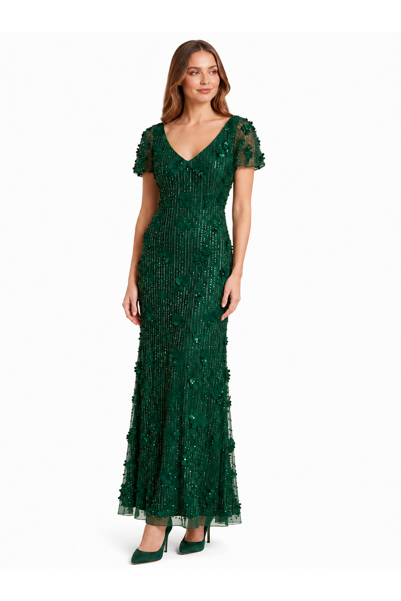 3D Floral Embellished Gown with Cape Sleeves, Alternate, color, Emerald