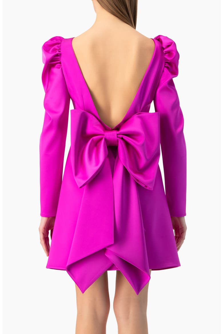 Puff-Sleeve Open-Back Bow Mini Dress in Satin, Alternate, color, Magenta