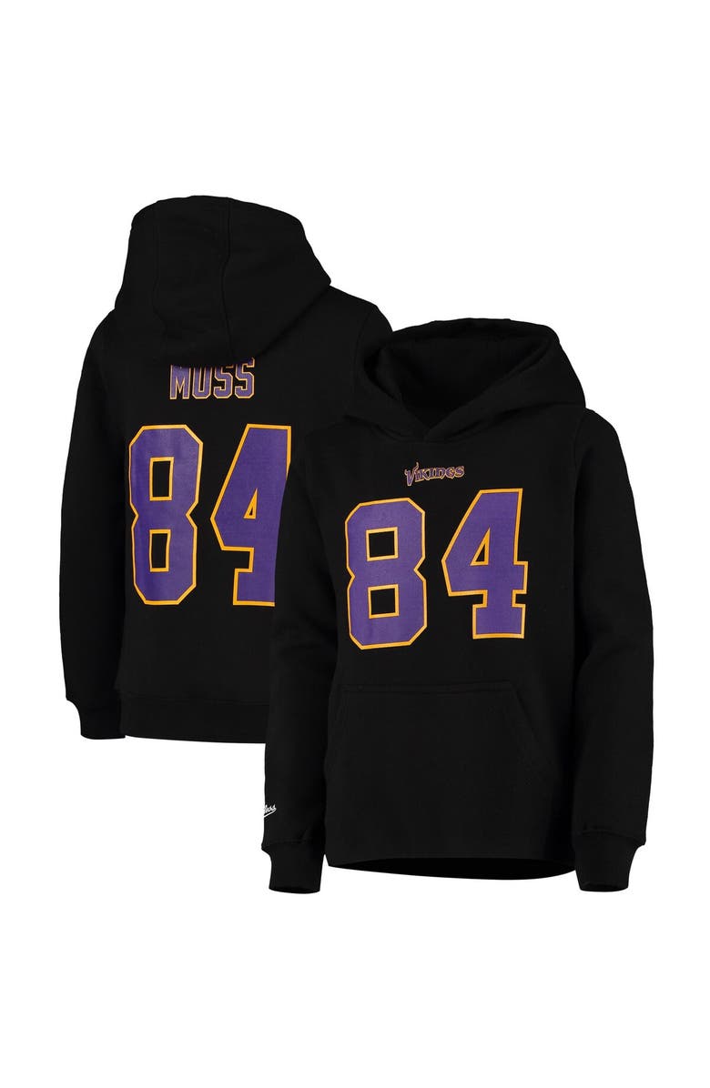 Mitchell & Ness Youth Mitchell & Ness Randy Moss Black Minnesota Vikings Retired Player Name & Number Fleece Pullover Hoodie, Alternate, color,