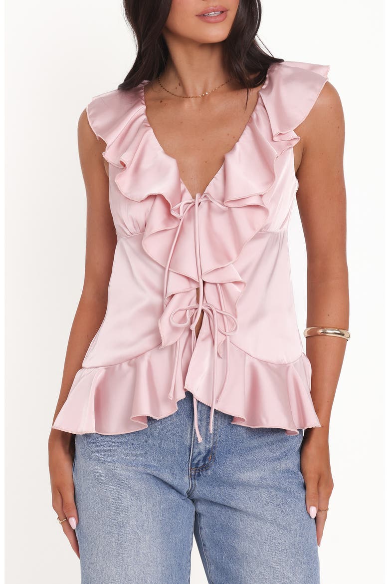 Orelia Tie Front Ruffle Satin Top, Main, color, PINK
