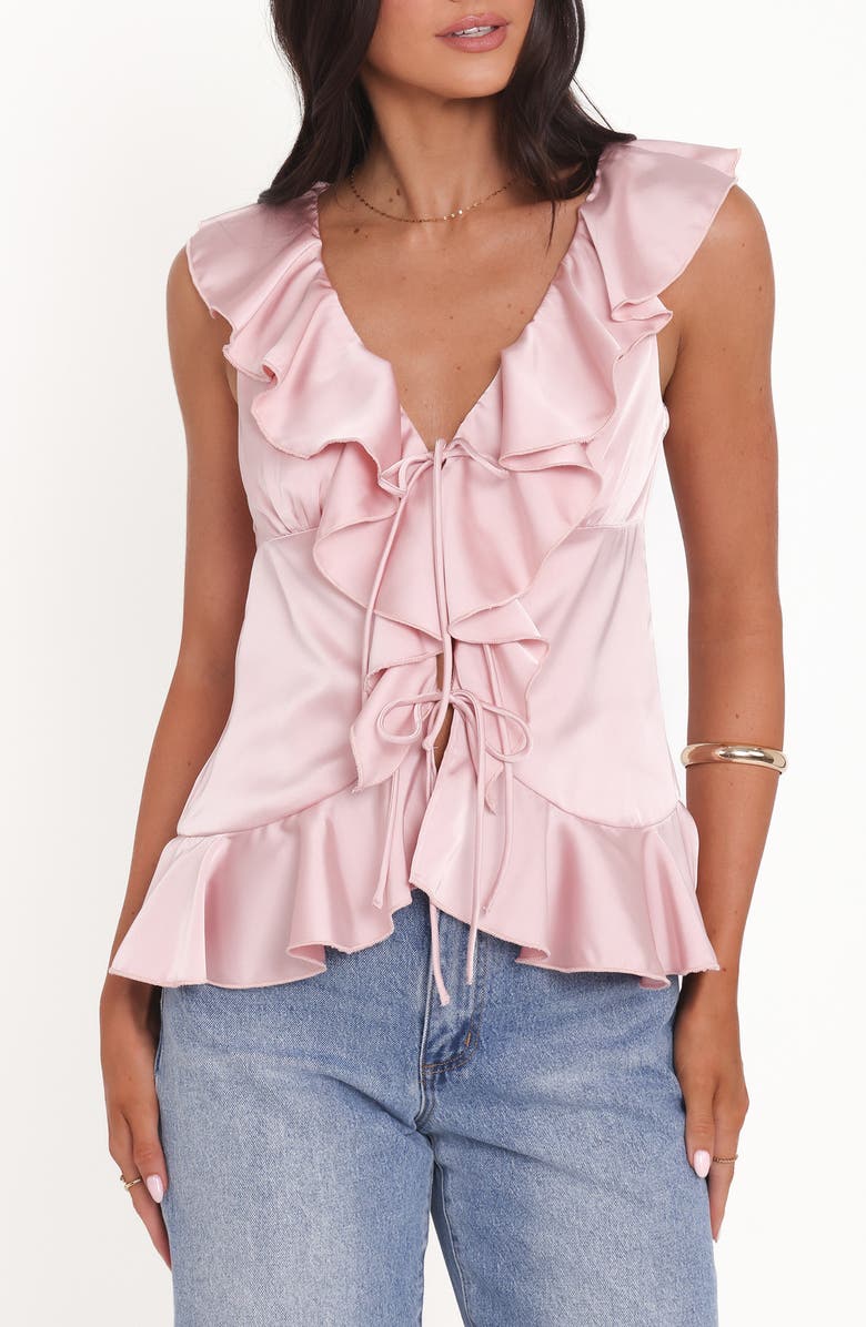 Petal & Pup Orelia Tie Front Ruffle Satin Top, Main, color, Pink
