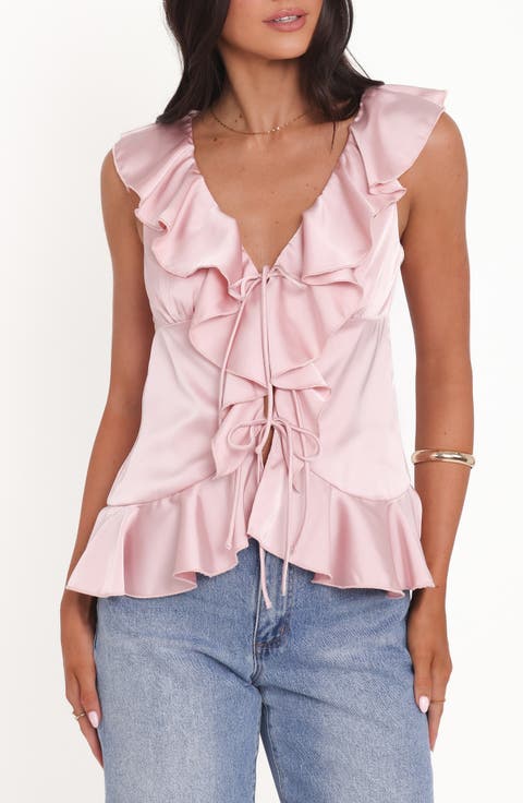 Orelia Tie Front Ruffle Satin Top